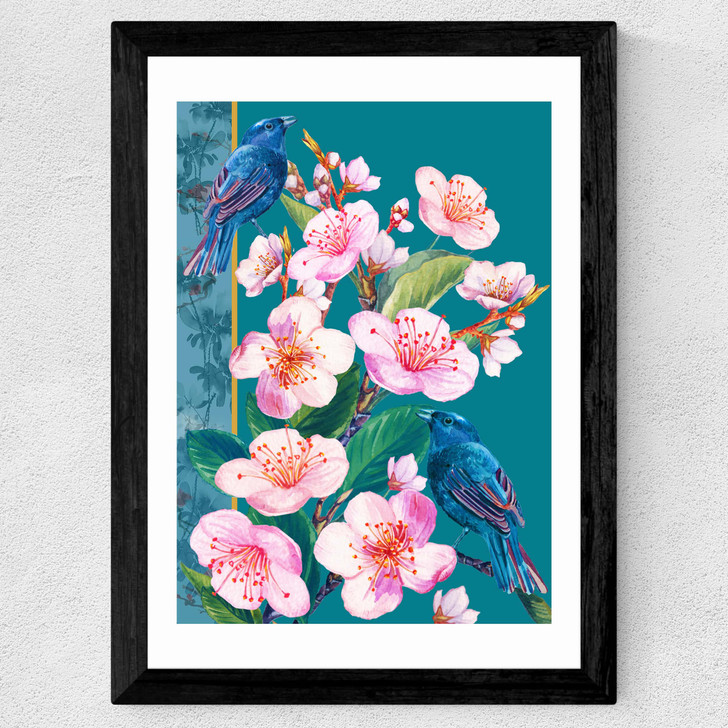 Blossoms and Birds Wide Black Frame
