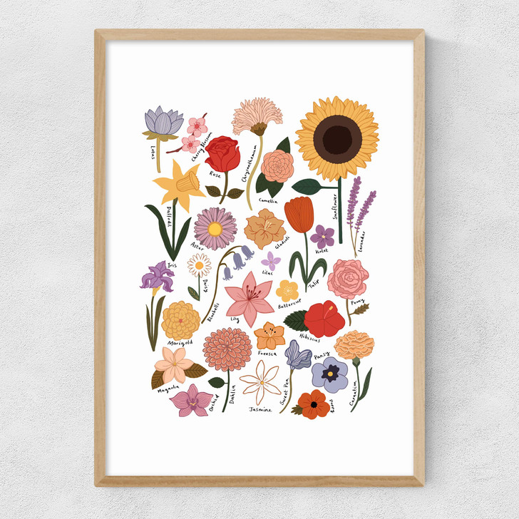 Flower Chart White Narrow Oak Frame