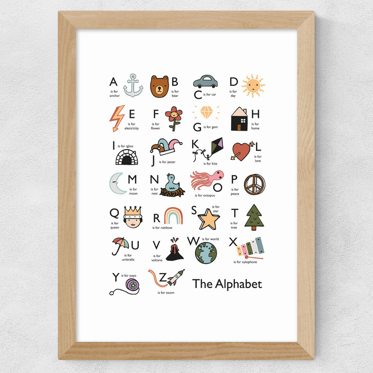 Alphabet in white Wide Oak Frame Alphabet in white Wide Oak Frame