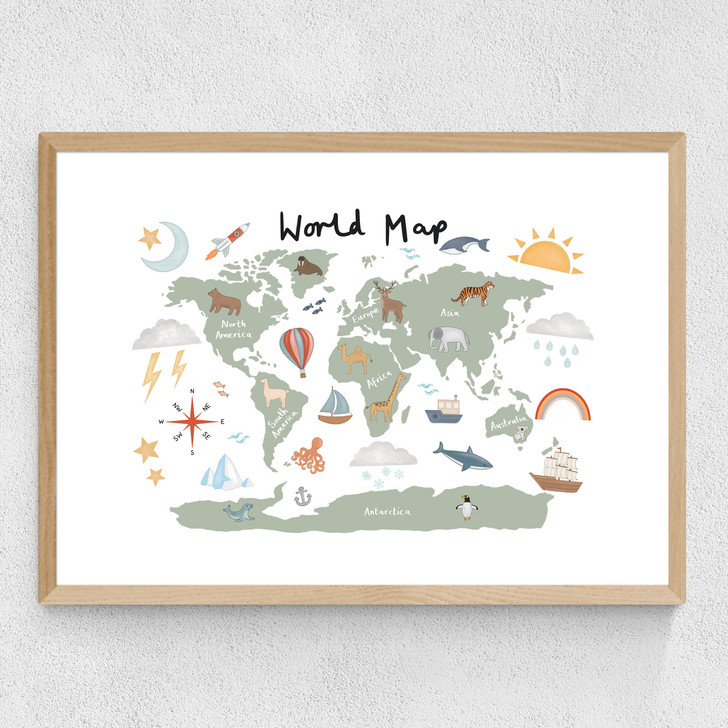 World Map in green Medium Oak Frame World Map in green Medium Oak Frame