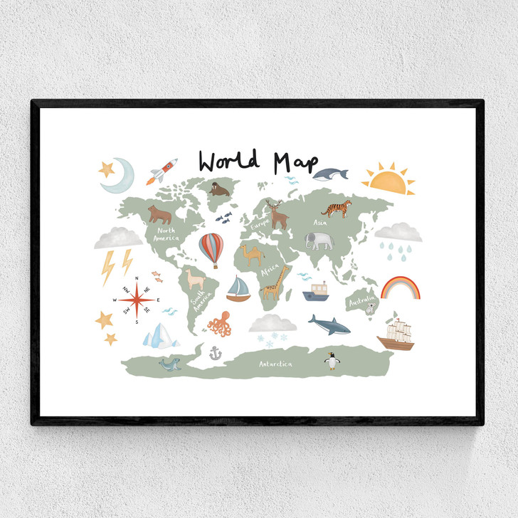 World Map in green Narrow Black Frame