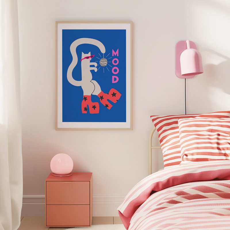 mood cat art print by aley wild in oak frame