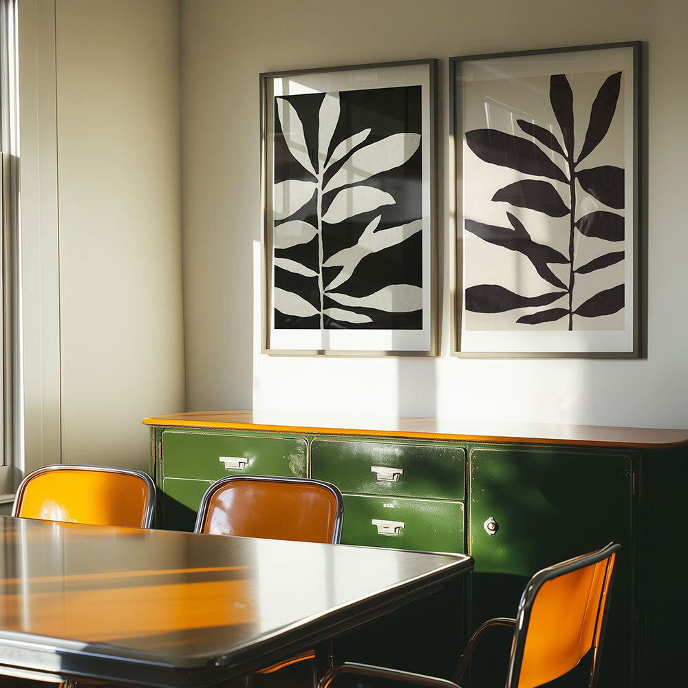 linocut branch set art print by alisa galitsyna in black frame