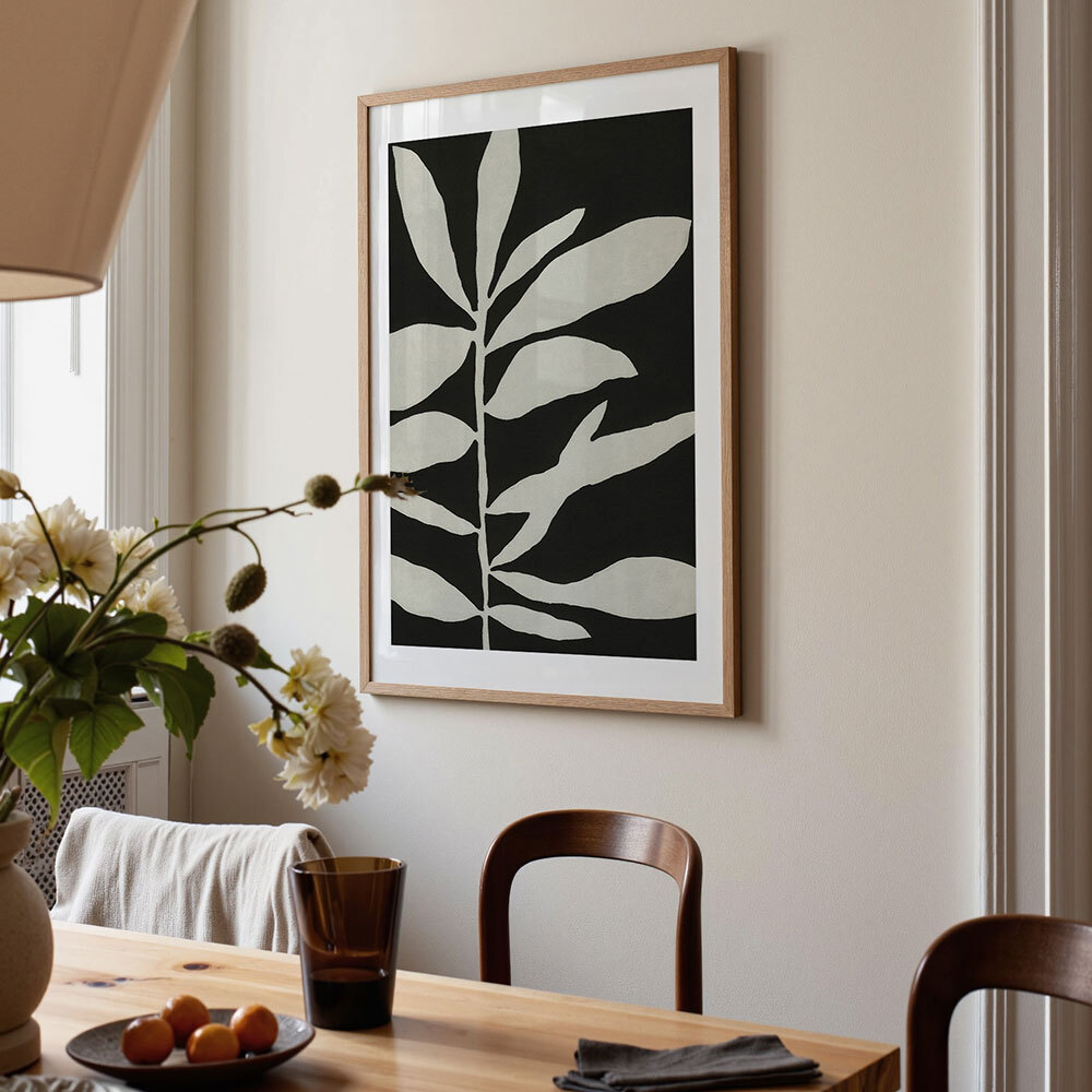 linocut III black and white art print by alisa galitsyna in oak frame