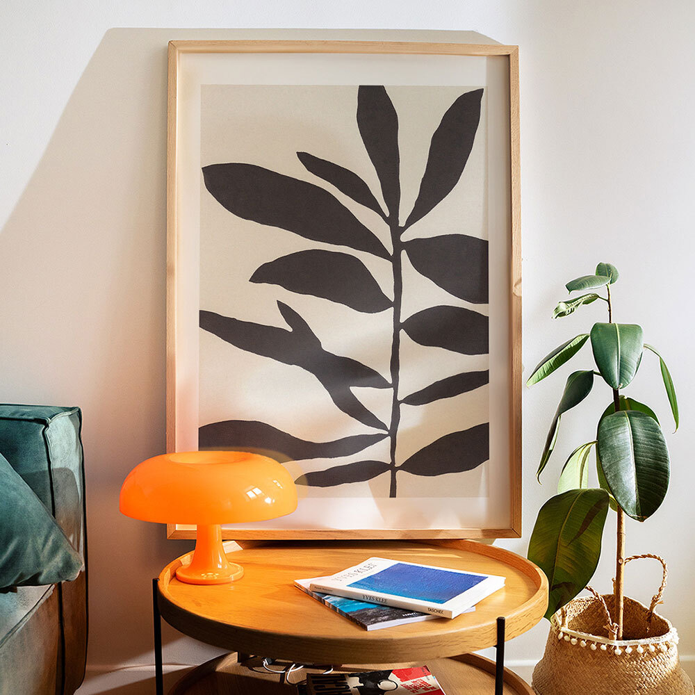 linocut branch III white and black art print by alisa galitsyna in oak frame