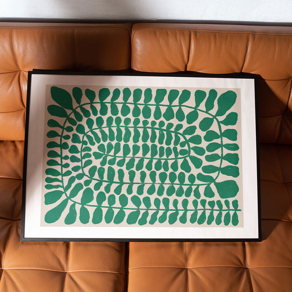 one hundred leaved landscape green art print in black frame
