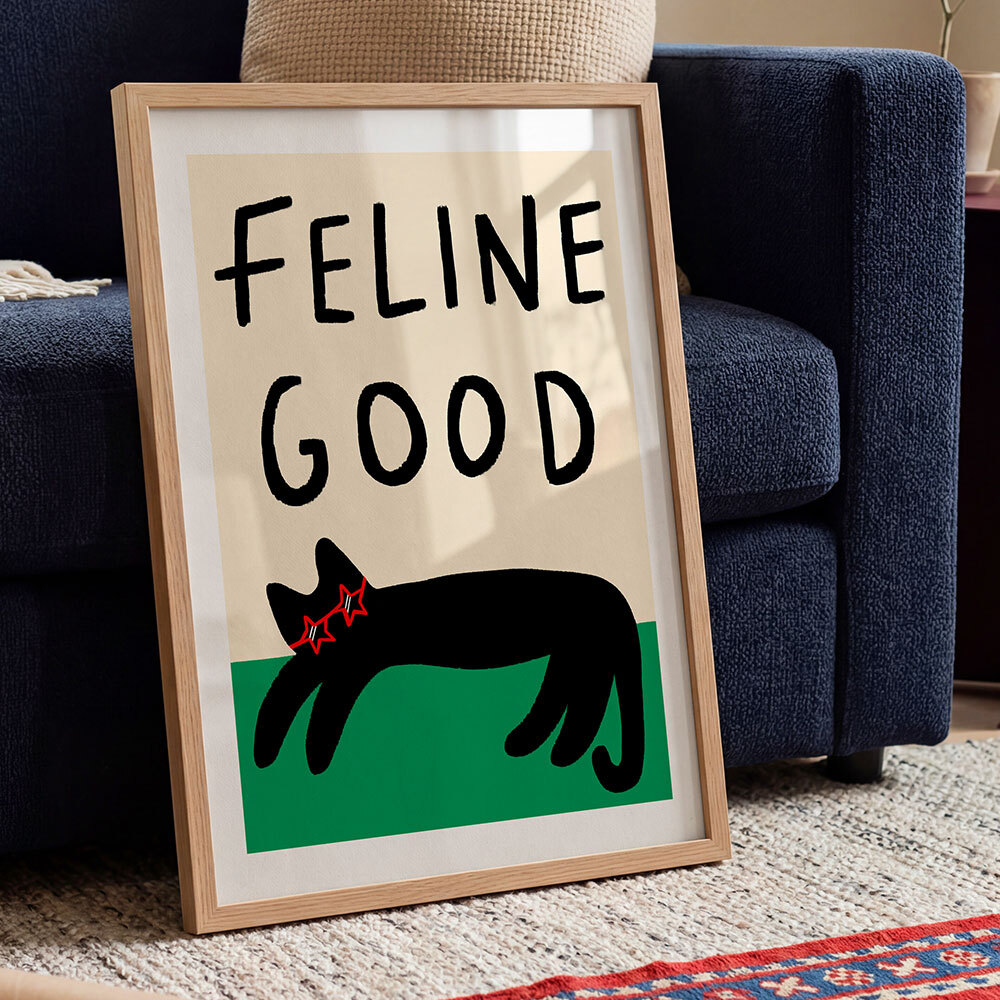 feline good art print by amber may art in oak frame