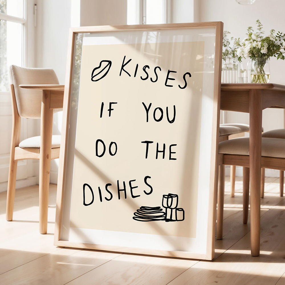 kisses if you do the dishes art print by amber may art in oak frame