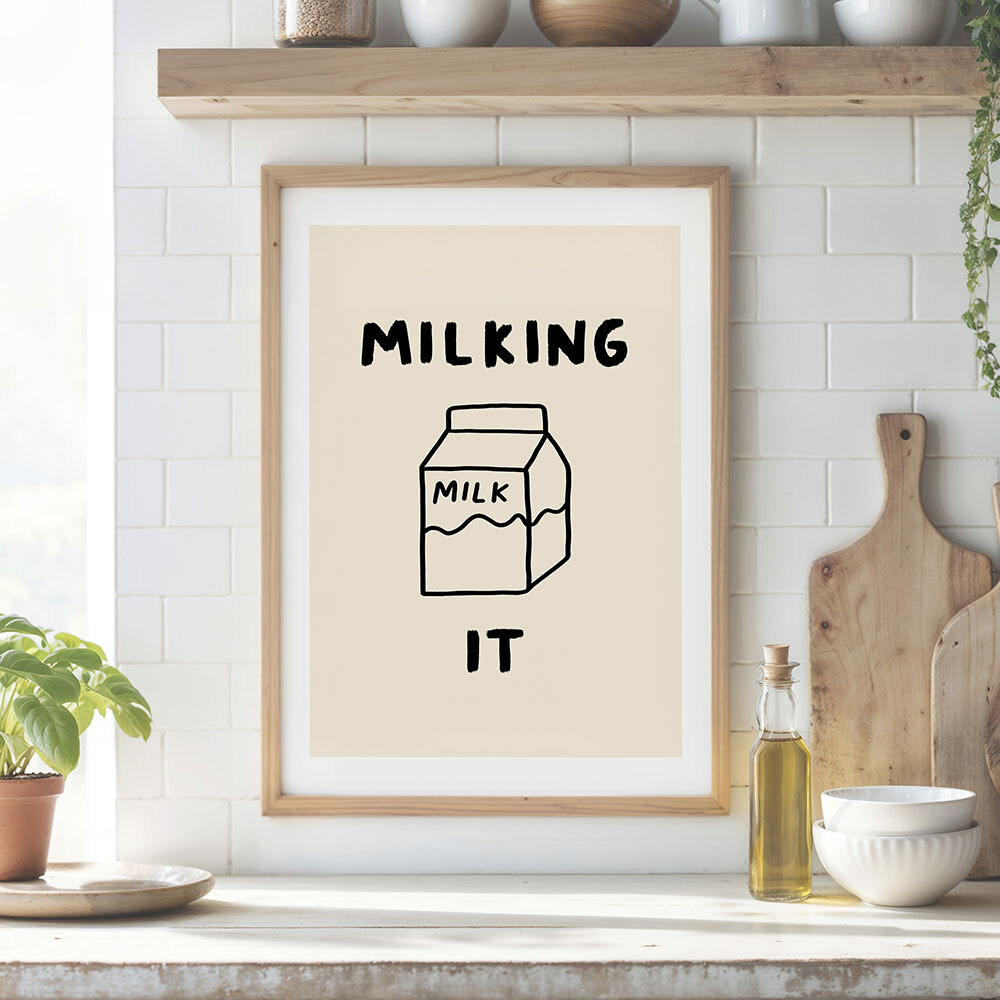 milking it art print by amber may art in oak frame