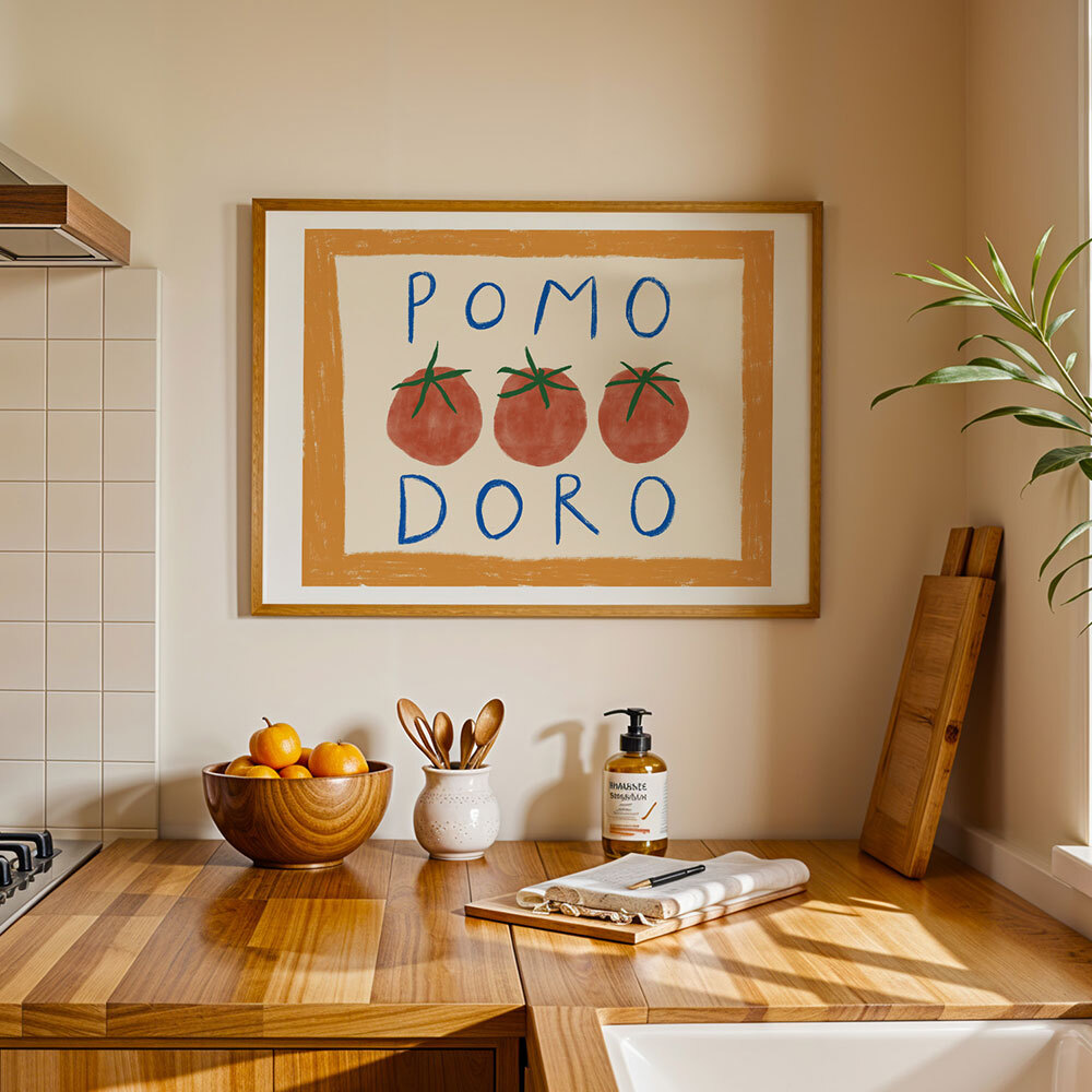 pomodoro tomato art print by amber may art in oak frame