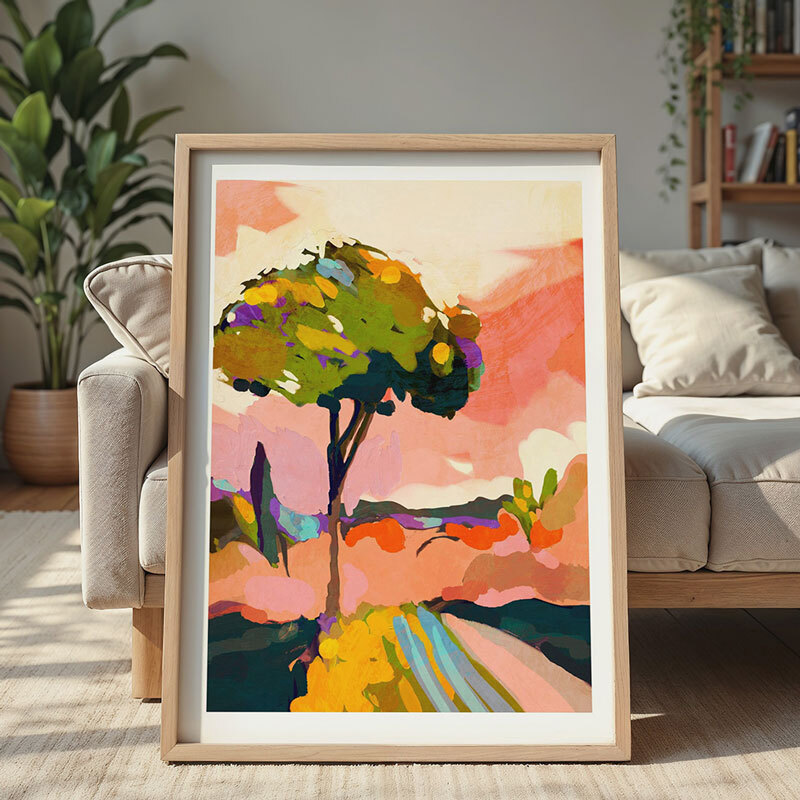 sundown with tree art print by ana rut bre in oak frame