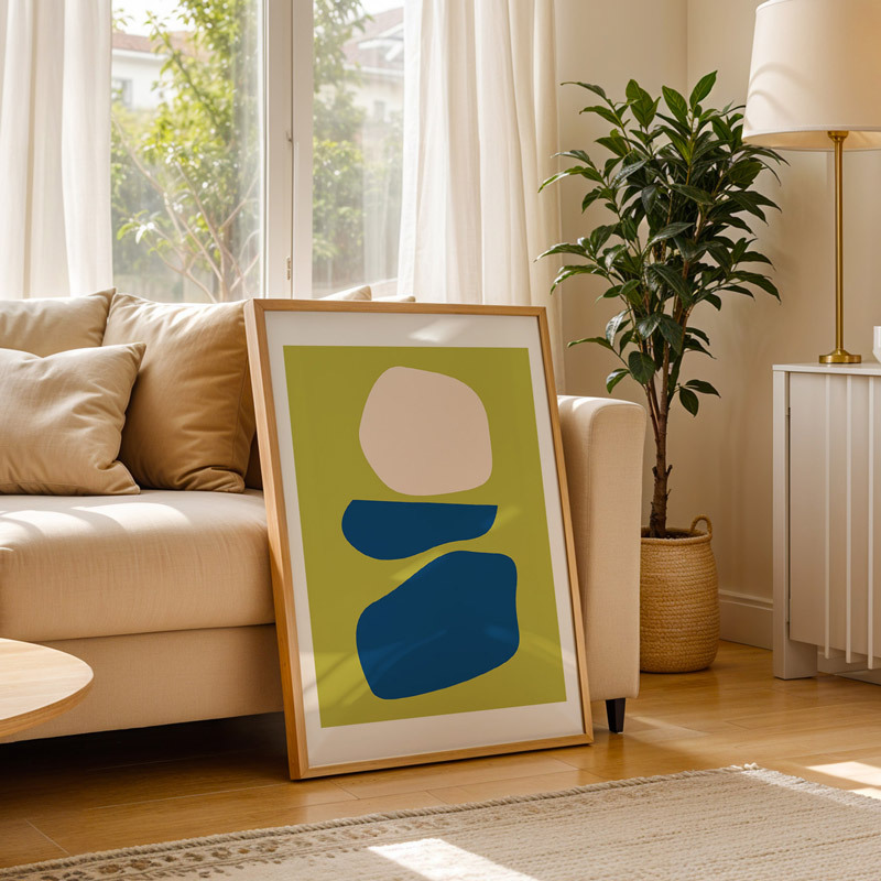 organic shapes blue lime art print by apricot + birch in oak frame