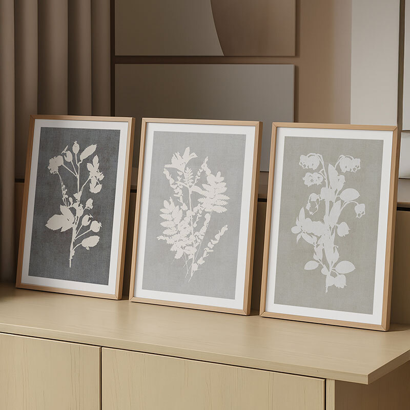 botanical illustration triptych art print set by cartissi in oak frame