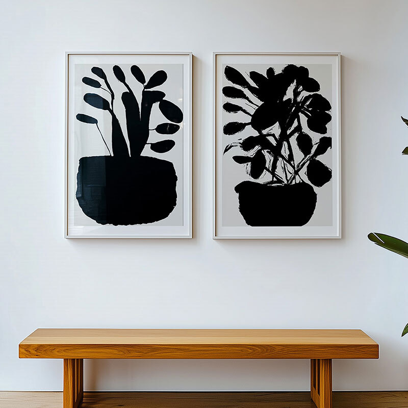 potted plant silhouette art print set by cartissi in white frame