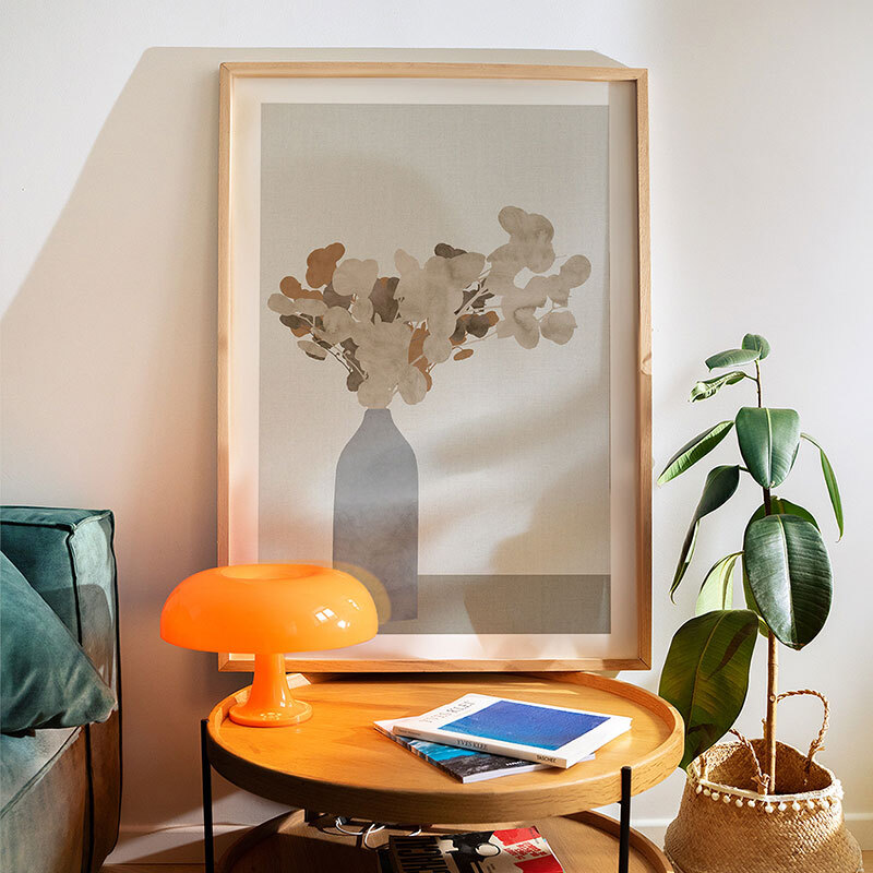 rust brown dried flowers in vase on table I art print by cartissi in oak frame