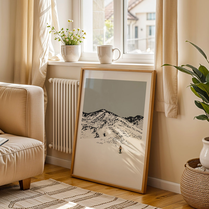 pacific peak skier art print by coit collective in oak frame