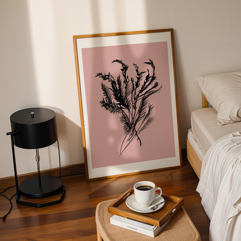 mono botanical 2 art print by dan hobday in oak frame