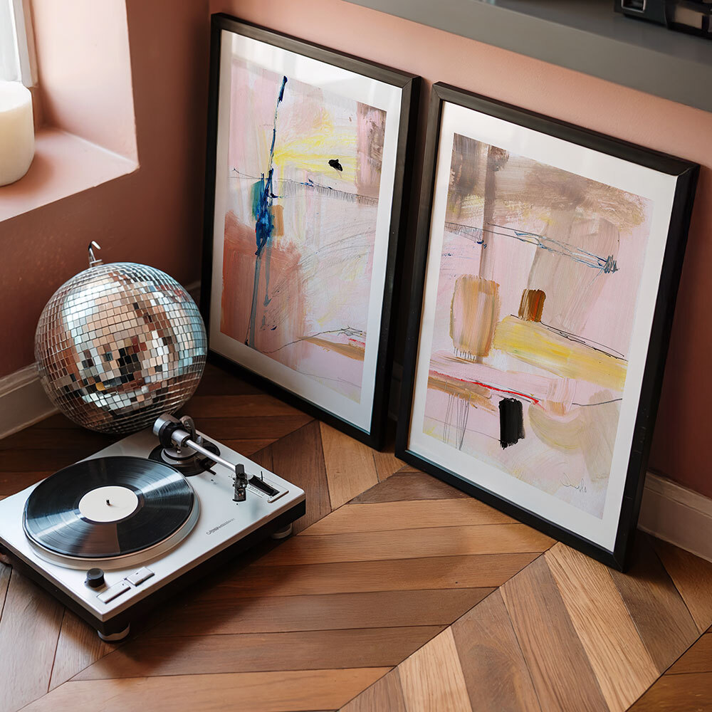 pink escape set art print by dan hobday in black frame