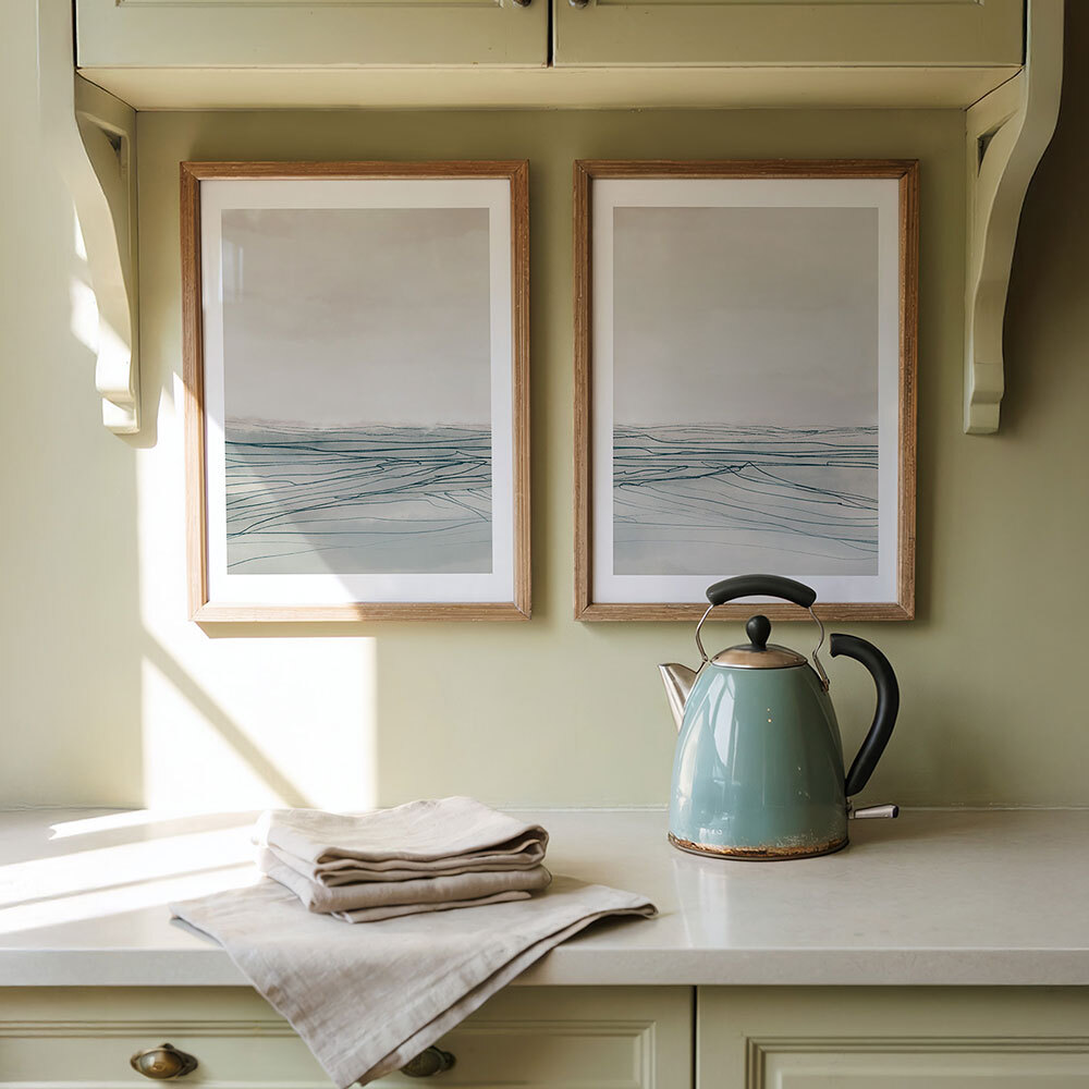 still sea set art print by dan hobday in oak frame
