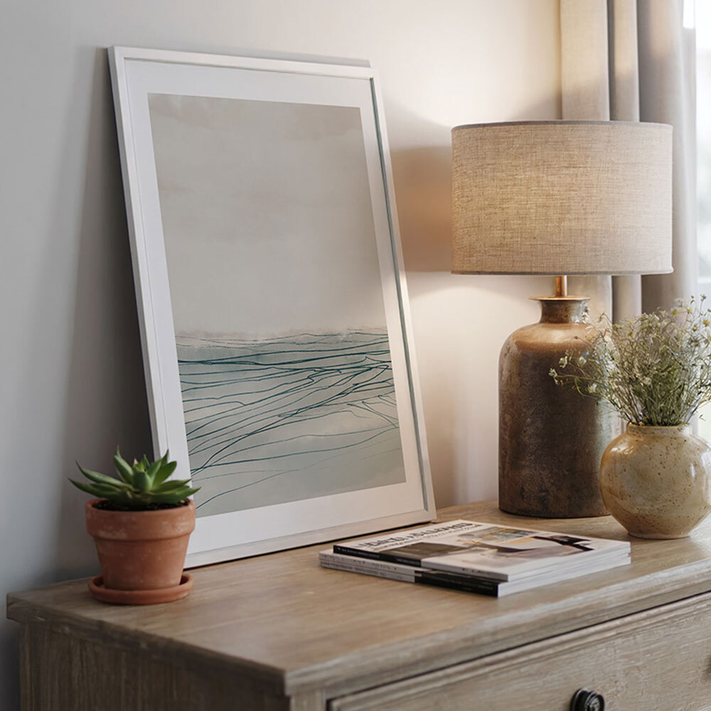 still sea I art print by dan hobday in white frame