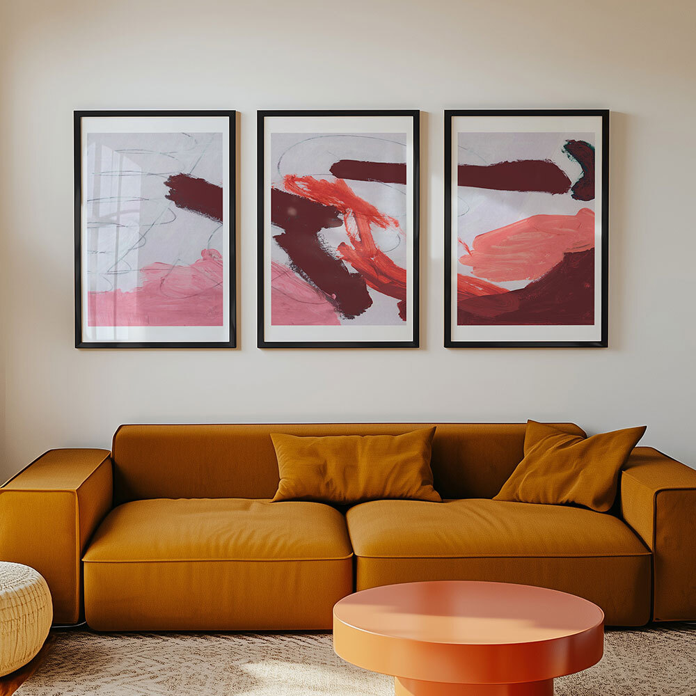 pink brush triptych art print by dan hobday in black frame