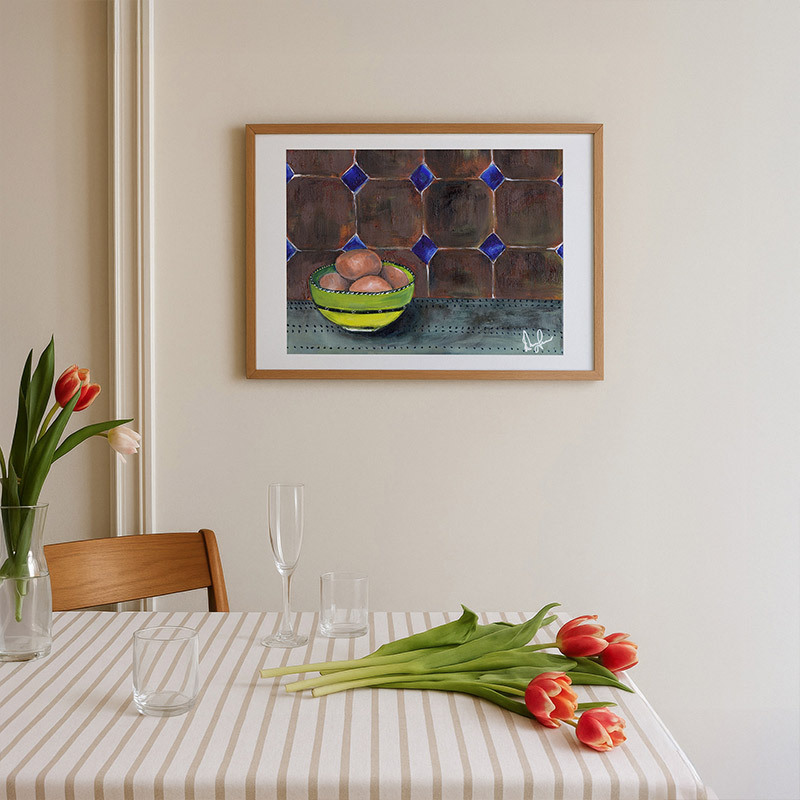 a good egg art print by emma gurner in oak frame