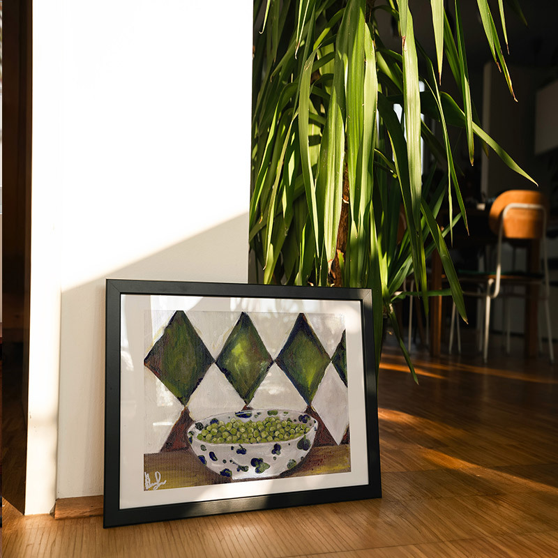 mon petit pois art print by emma gurner in black frame