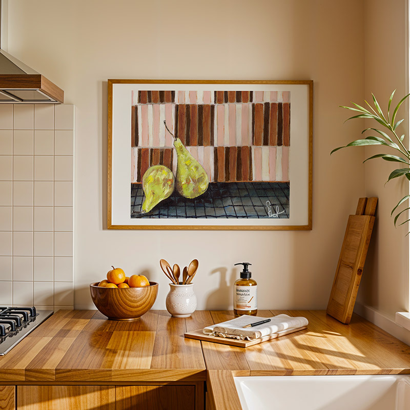 pear drops art print by emma gurner in oak frame