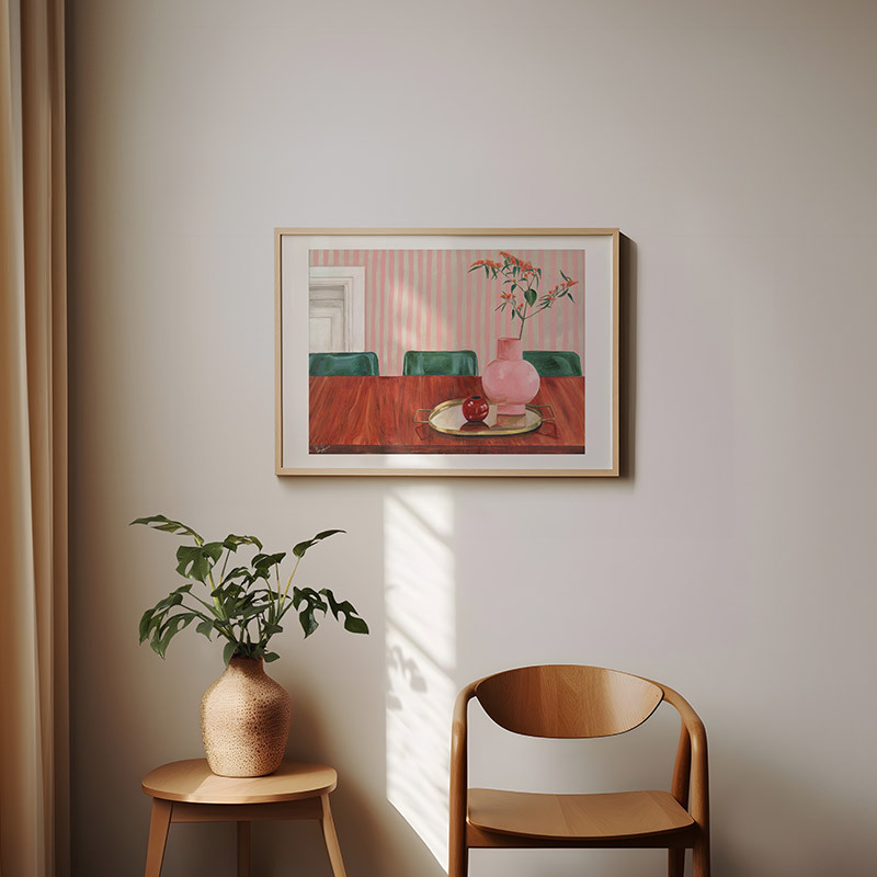 table and chairs art print by emma gurner in oak frame