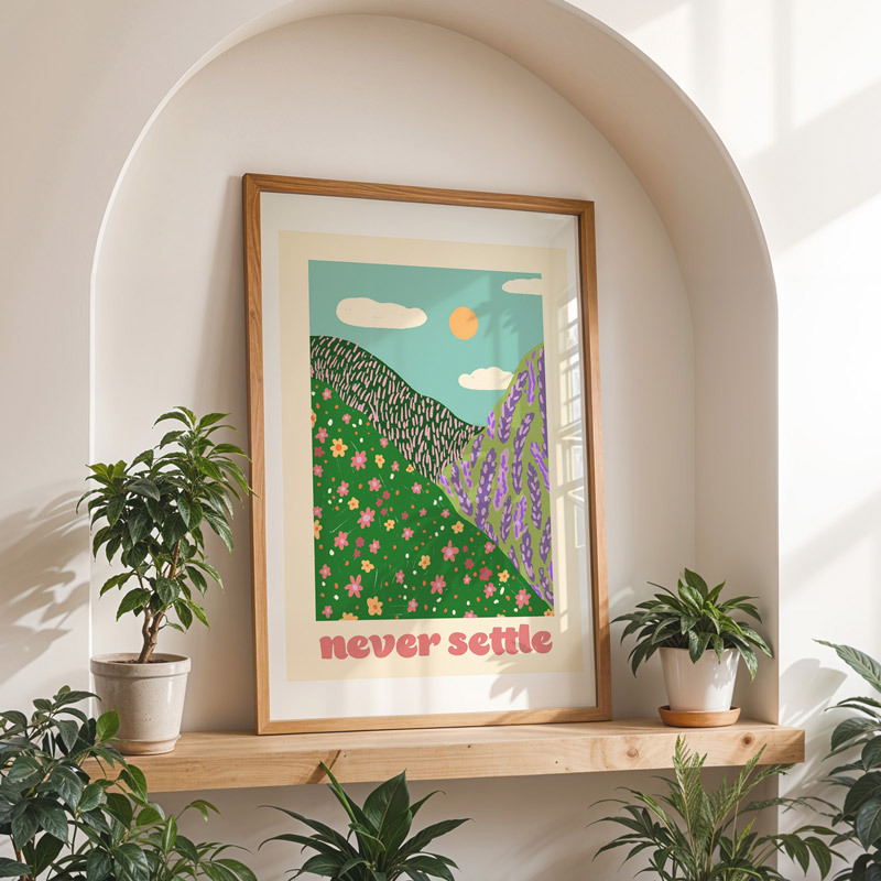 never settle art print by emmy lupin studio in oak frame
