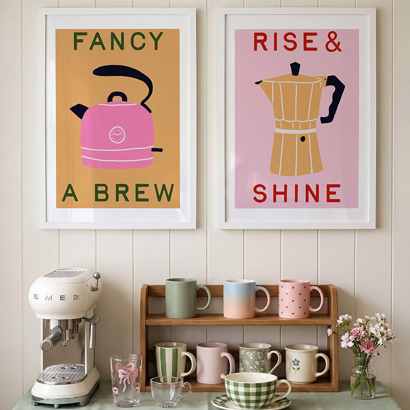 fancy a brew diptych art prints set by emmy lupin studio in white frames