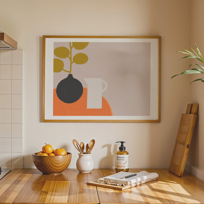 interior with orange table art print by francesca iannaccone in oak frame