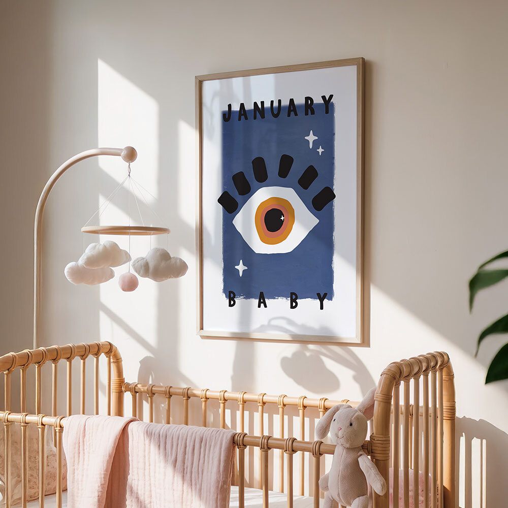 january baby art print by sun made studio in oak frame