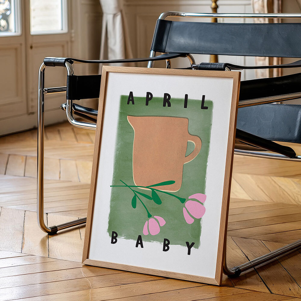 april baby art print by sun made studio in oak frame