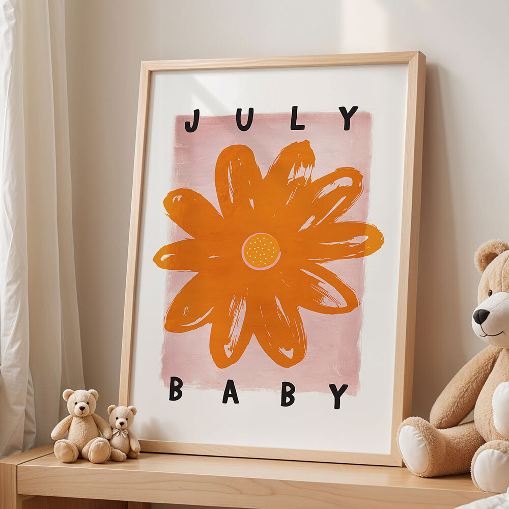 july baby art print by sun made studio in oak frame