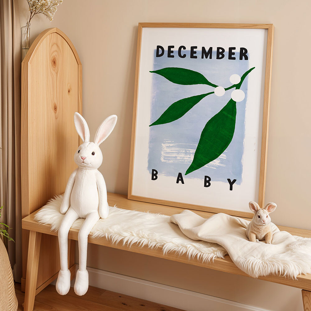 december baby art print by sun made studio in oak frame