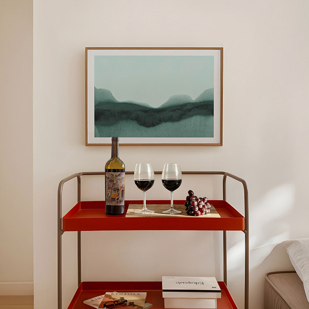 abstract landscape green art print by iris lehnhardt in oak frame