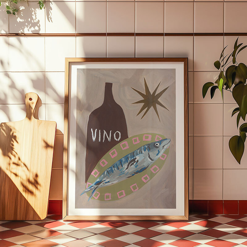 fish supper art print by jazmine joye in oak frame