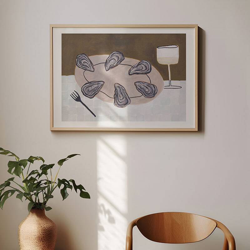 half a dozen oysters please art print by jazmine joye in oak frame