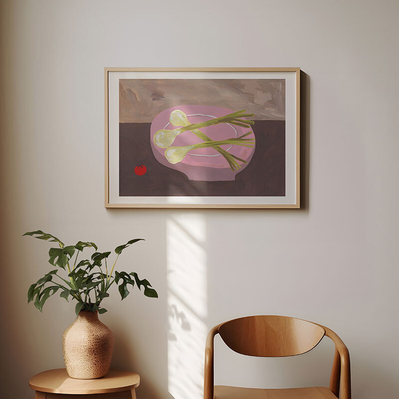 pink bowl of spring onions art print by jazmine joye in oak frame