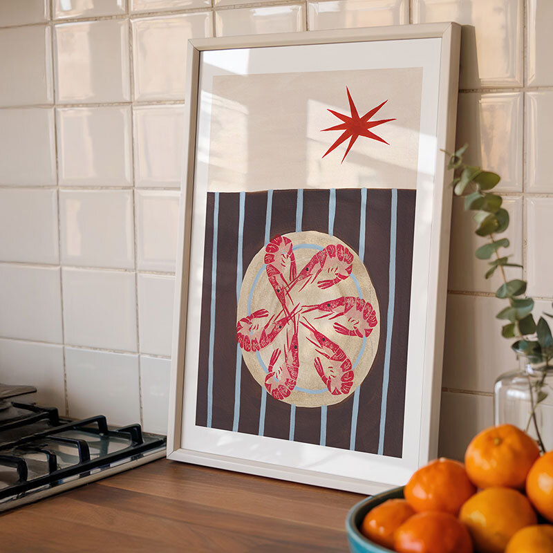 spicy gambas art print by jazmine joye in white frame