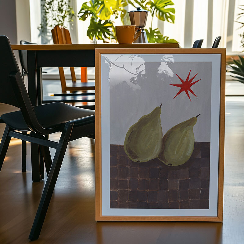 the pear of us art print by jazmine joye in oak frame