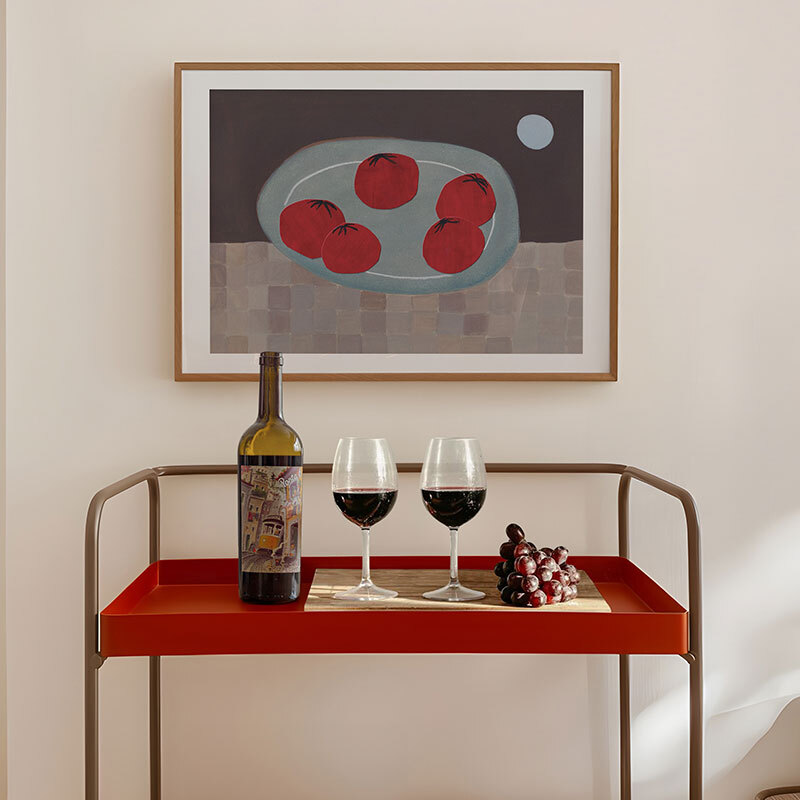 tomato collage art print by jazmine joye in oak frame