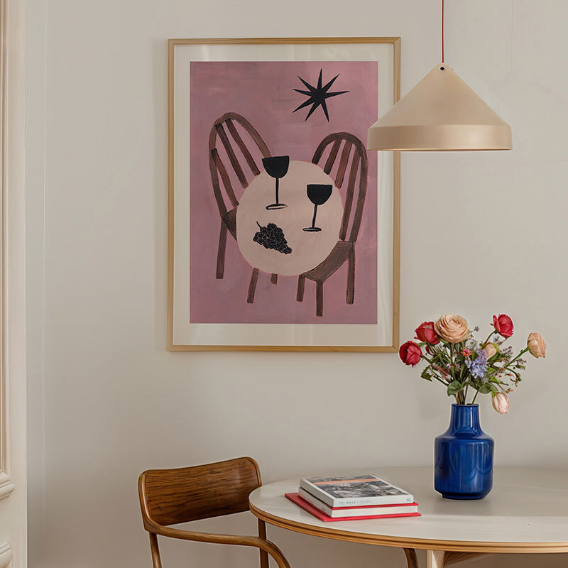 wine and yap art print by jazmine joye in oak frame