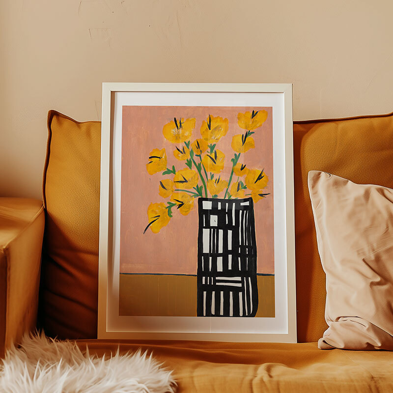 black and white vase art print by lucy muss in white frame