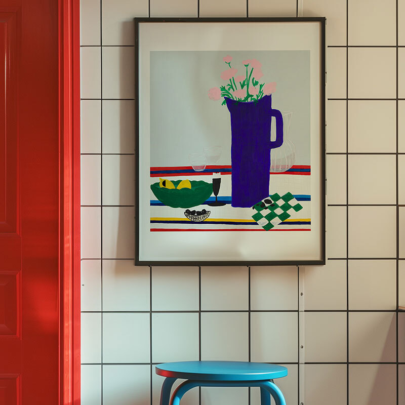 blue vase on table art print by lucy muss in black frame