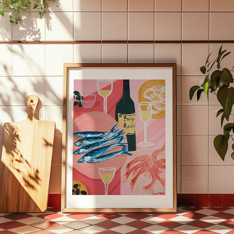 shrimps and sardines art print by lucy muss in oak frame