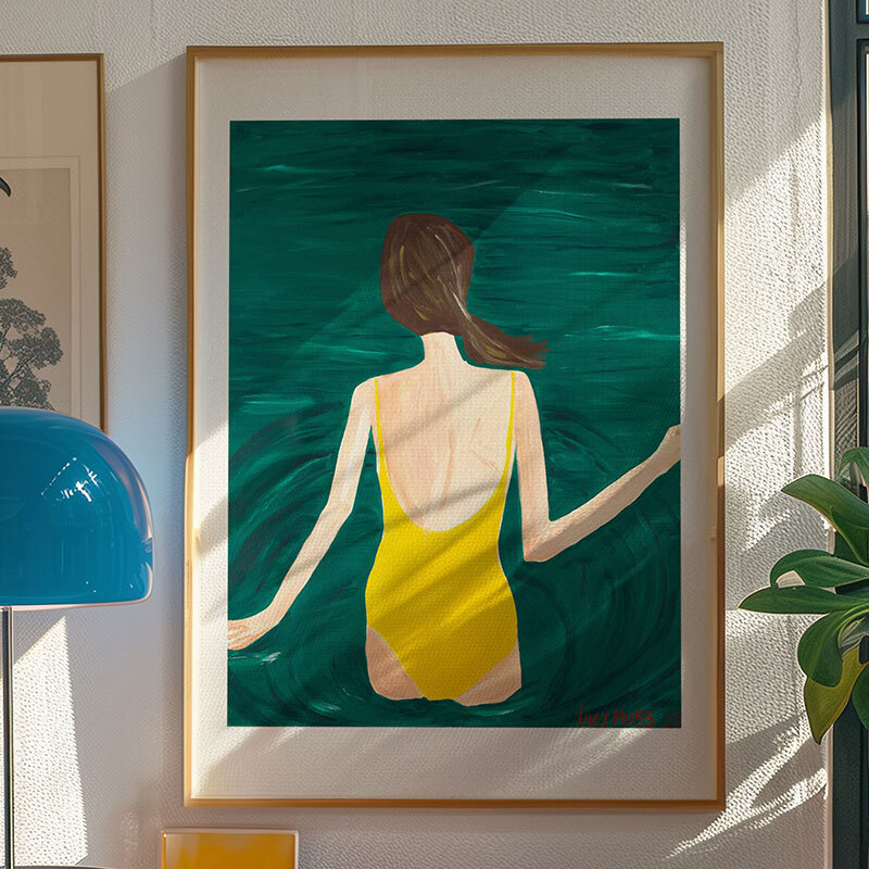 yellow swimmer art print by lucy muss in oak frame
