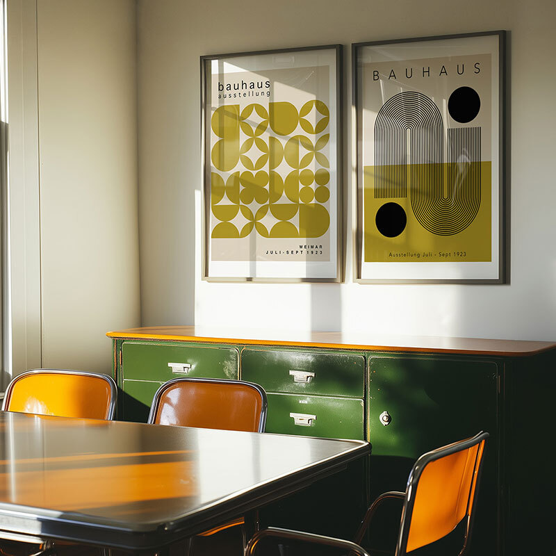 Olive Bauhaus Set by Luxe Poster Co in thin black frame.