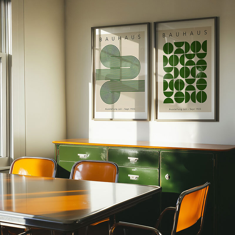 Green Bauhaus Set by Luxe Poster Co in black frame